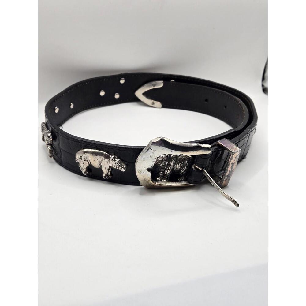 Honest 1992 Black Leather Safari Animal Concho Belt Silver Tone Size 28 60503